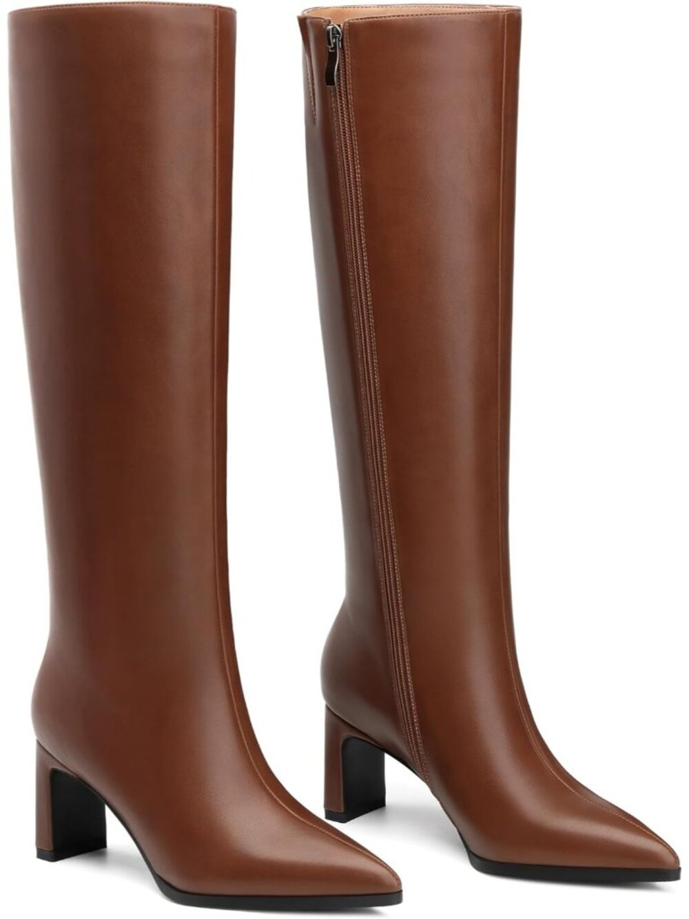 Women's Brown Pointed Toe Side Zipper Chunky Block High Heel Knee High Boots - Picture 5 of 5